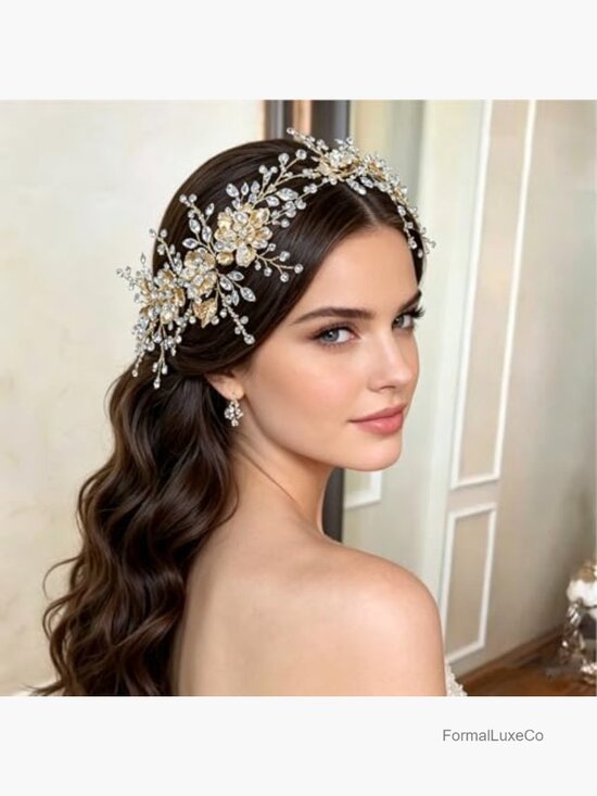 Handmade Gold Flower Rhinestone Bridal Headband Wedding Hair Accessory